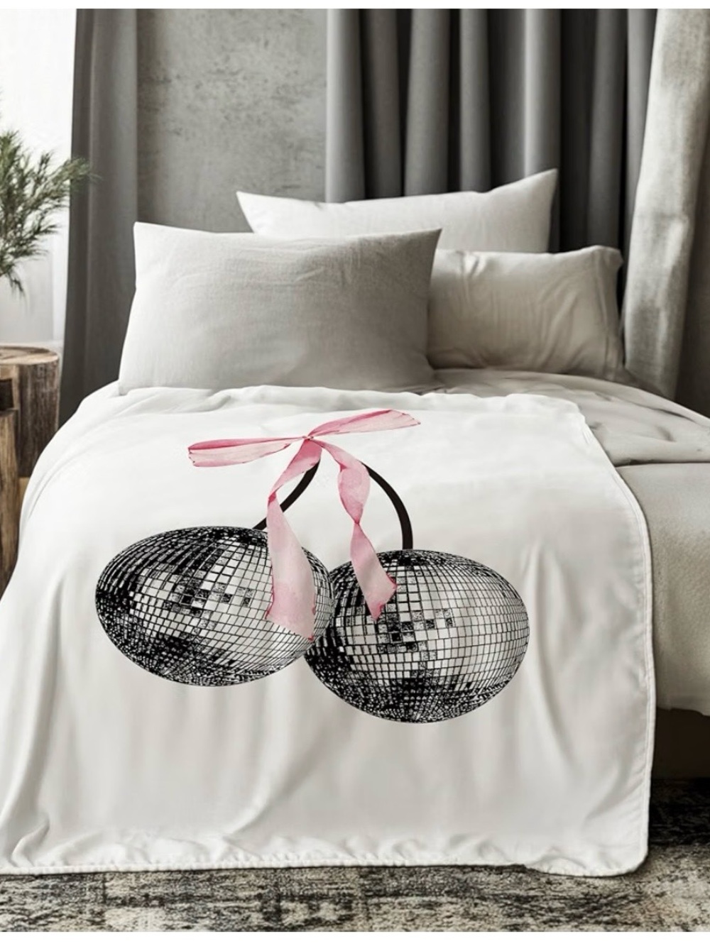 White Cherry Disco Throw Blanket with Pink Ribbon